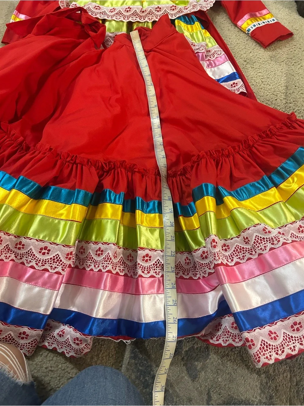 Girls' Red Traditional Jalisco Dress with Multicolor Trim